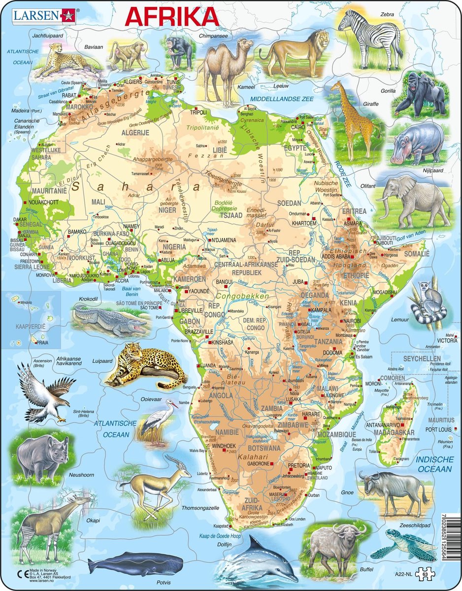 Larsen afrique carte topographique – puzzle – africa – pays et animaux – puzzle éducatif pour enfants – 63 pièces – fabriqué en norvège – pièces extra épaisses de 2.5 mm – plateau avec plaque fixe