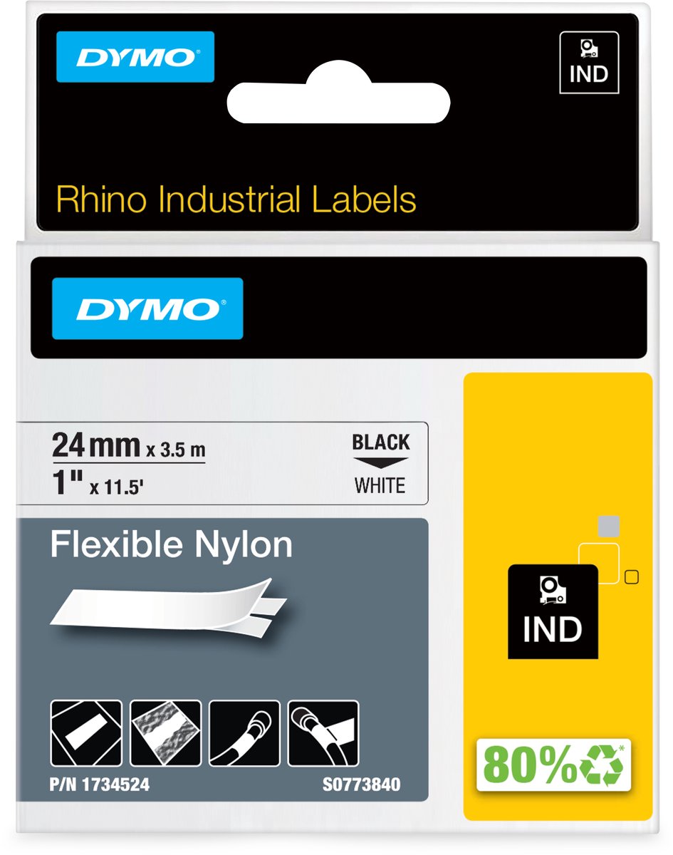 Étiquettes en nylon flexibles industrielles Dymo rhino | 24 mm x 3,5 m | impression noire sur blanc | étiquettes autocollantes pour imprimantes d'étiquettes Rhino Label Manager
