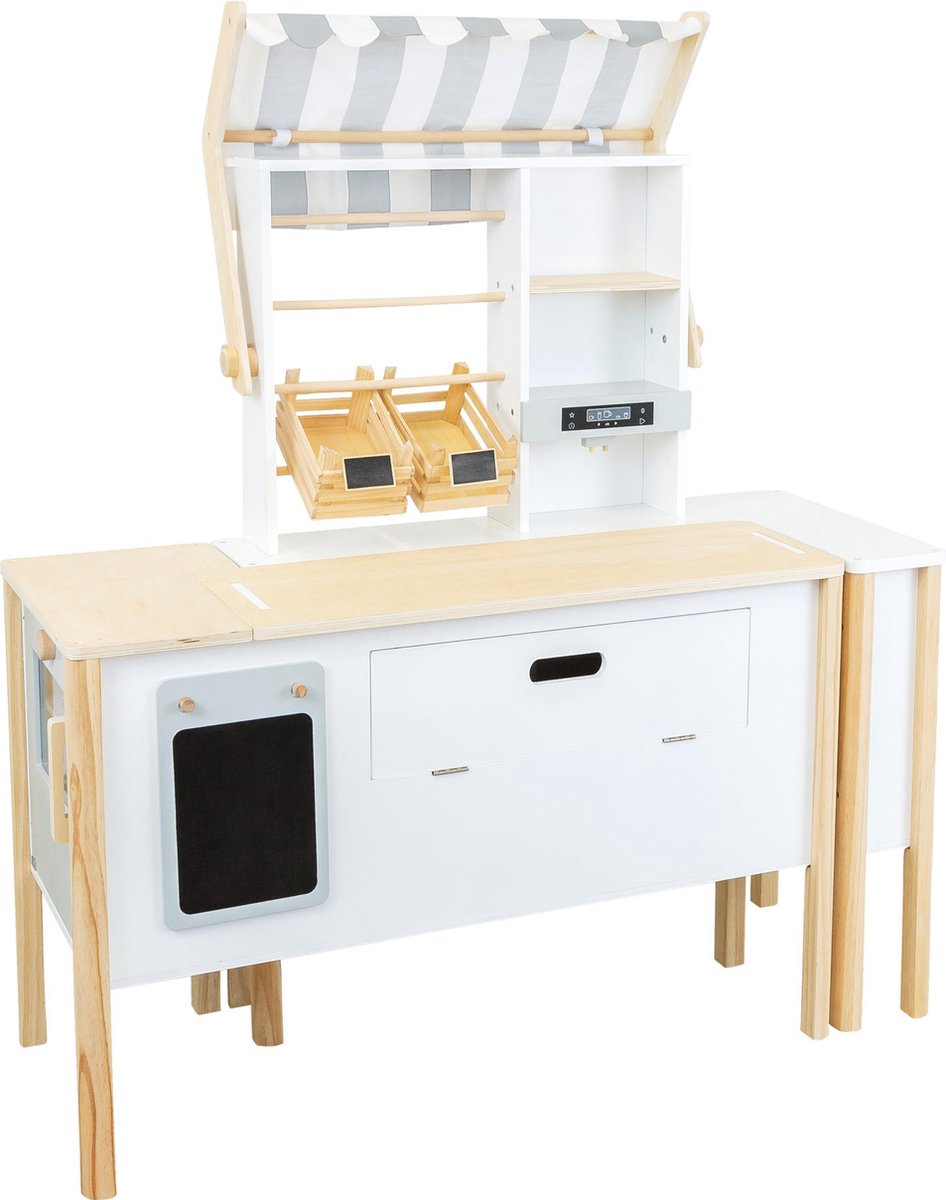 Petit magasin en bois blanc avec caisse enregistreuse et tapis roulant