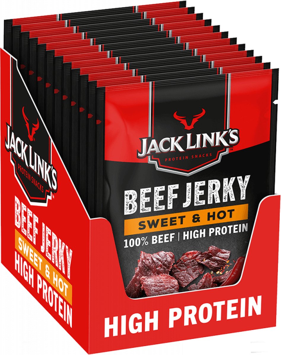Jack Link's Sweet Hot Beef Jerky - riche en protéines - 100% bœuf - riche en protéines - collation protéinée idéale - pour entre les deux, sur la route ou avant l'exercice - 12x60g