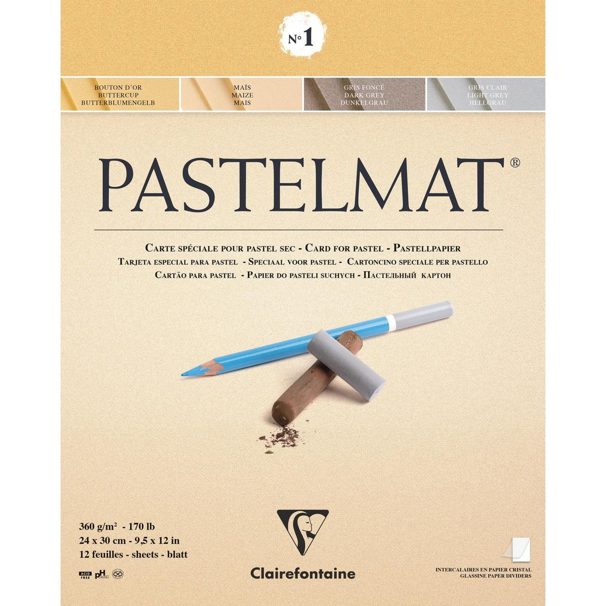 Clairefontaine • papier mat pastel n°1 360g 24x30cm assorti 12x