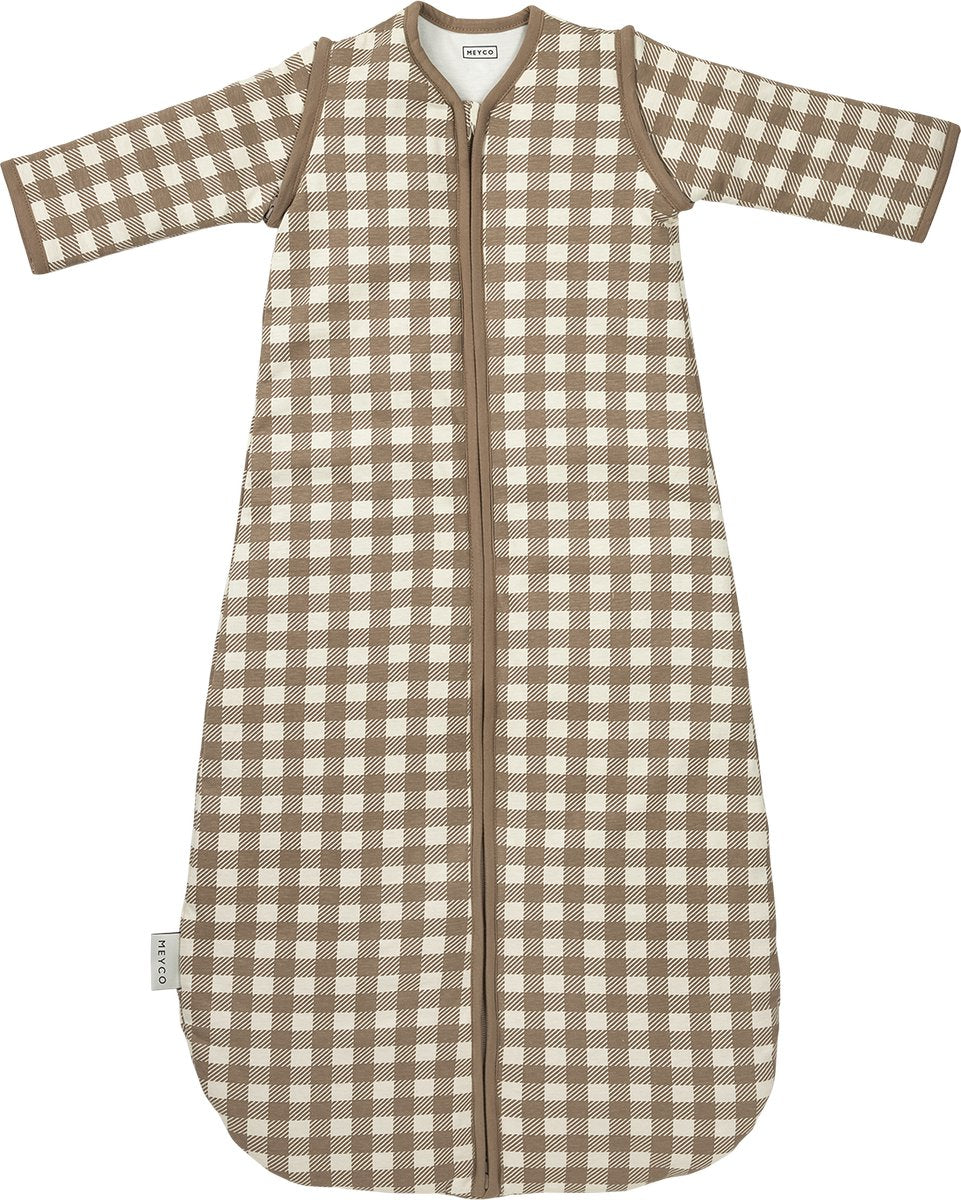 Meyco baby vichy square baby slaapzak met afritsbare mouwen - dark taupe - 80cm - 2.5 tog