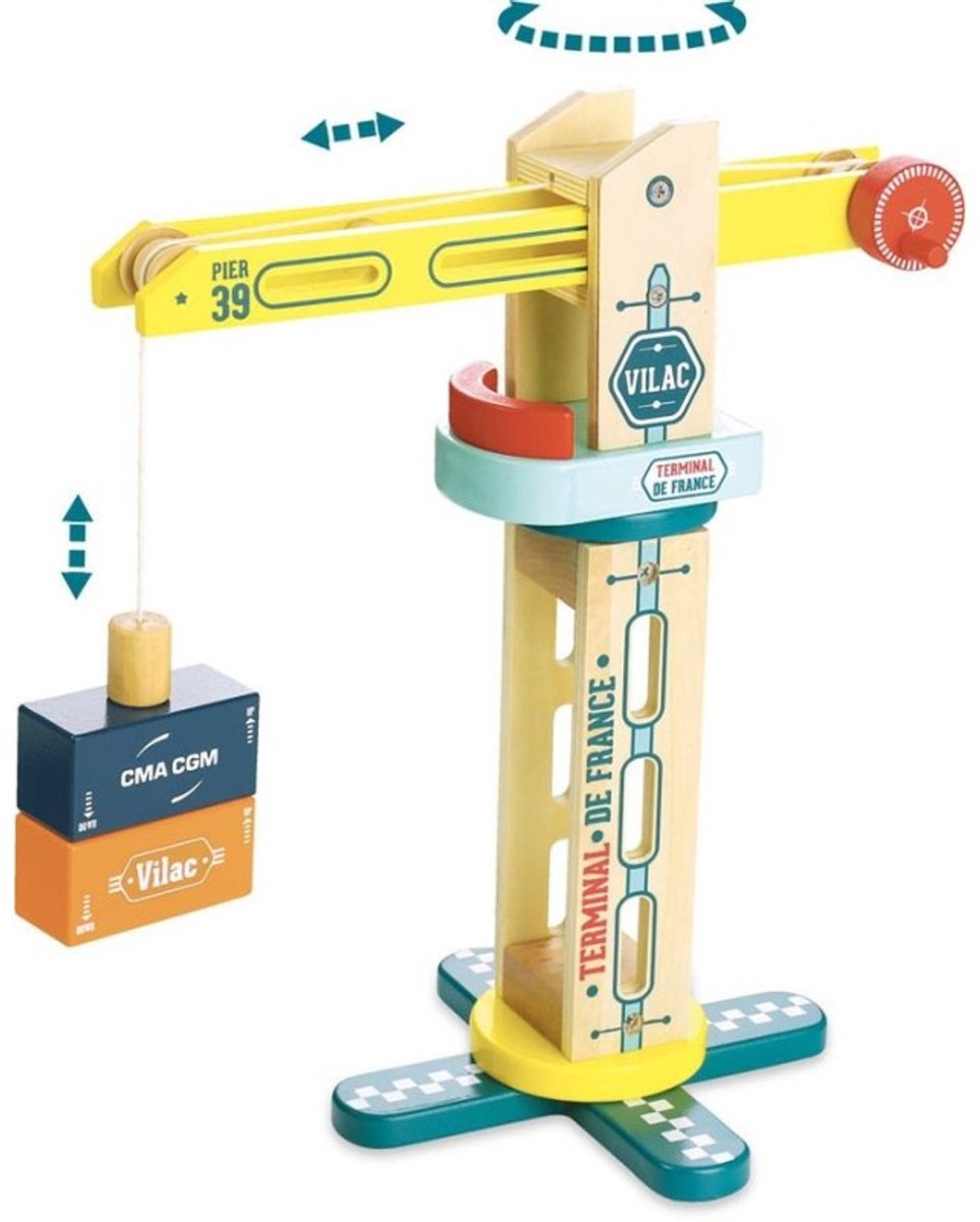 Vilac - grue en bois avec conteneurs magnétiques - hauteur 34 cm - bois