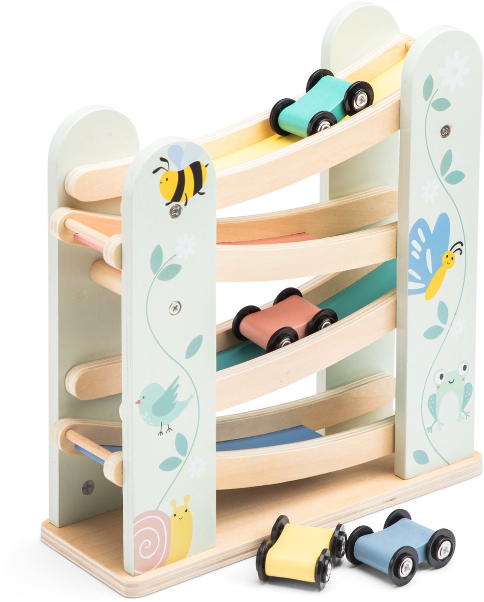 Woet ® houten autobaan – jodelbaan met 4 auto's – fsc gecertificeerd educatief speelgoed – houten speelgoed rollerbaan – peuterspeelgoed vanaf 18 maanden