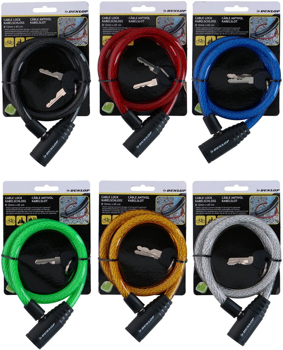 Câble antivol Dunlop ø12 mm x 65 cm - antivol pour vélo avec revêtement en plastique - antivol à câble pour vélo et scooter - comprenant 2 clés - 1 couleur aléatoire