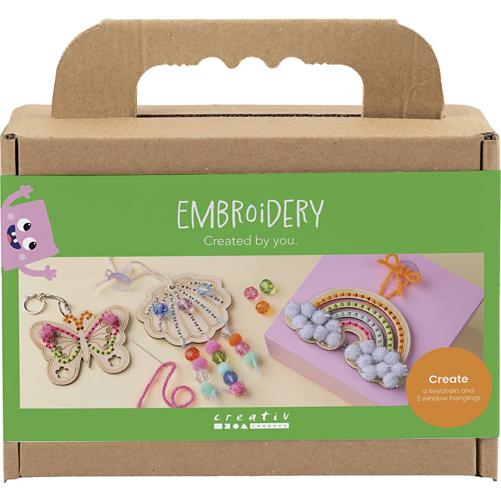 Creativ company mini set de loisirs broderie, papillon, coquillage, arc-en-ciel, différentes couleurs, 1 boîte