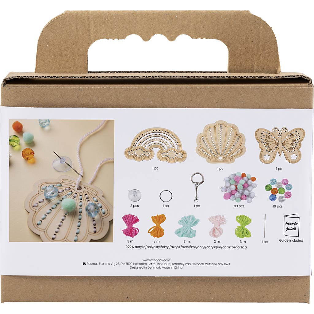 Creativ company mini set de loisirs broderie, papillon, coquillage, arc-en-ciel, différentes couleurs, 1 boîte