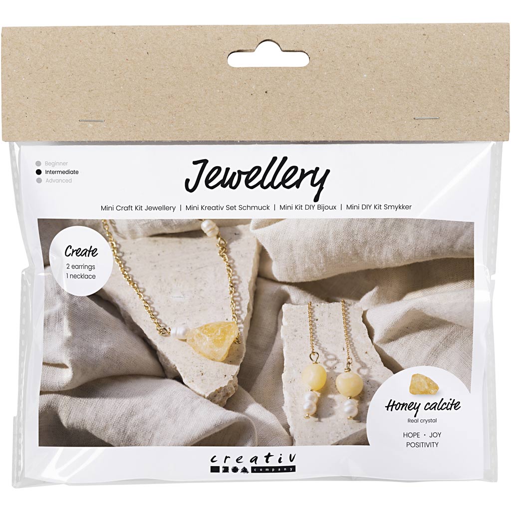 Creativ company mini hobby set bijoux, collier et boucles d'oreilles en calcite miel, 1 boîte