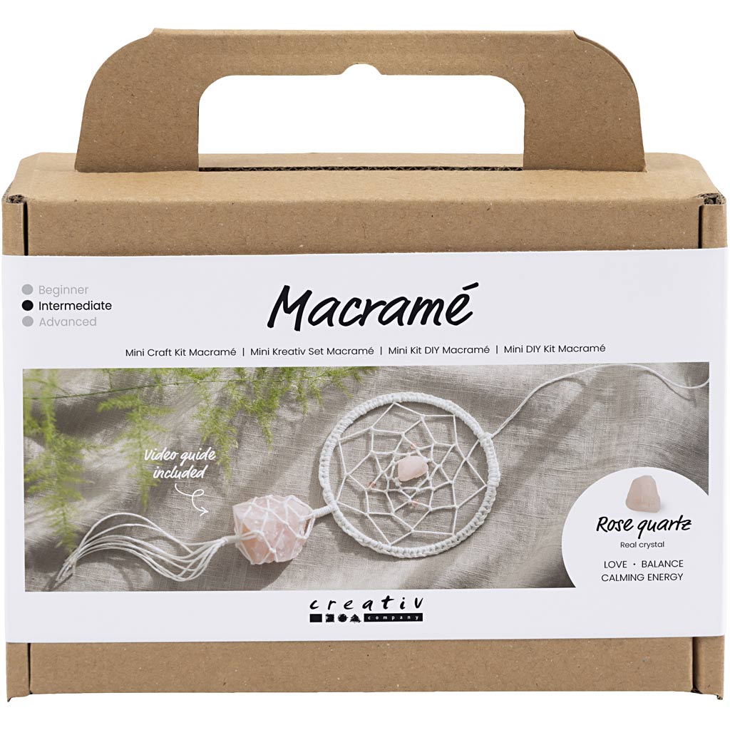 Creativ company mini hobby set macramé, attrape-rêves avec quartz rose, rose clair, blanc, 1 boîte