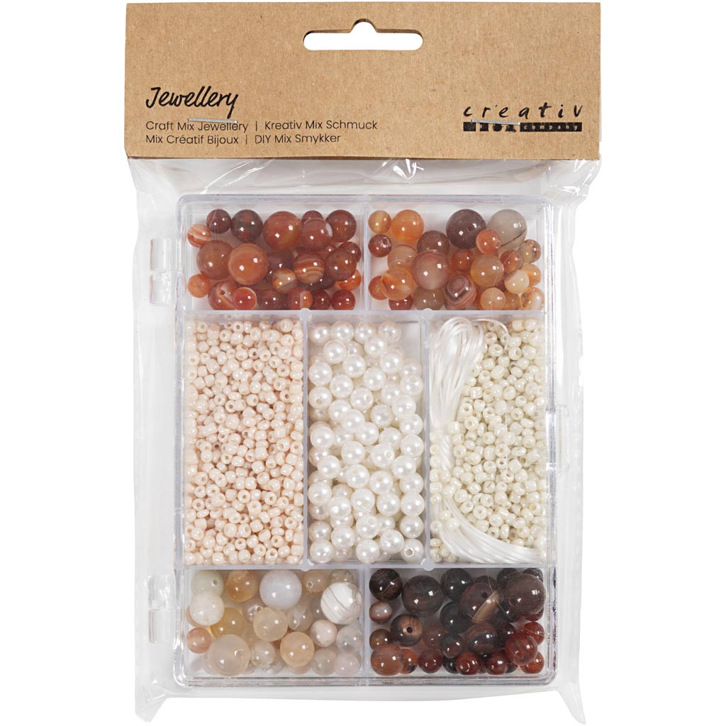 Creativ company Boîte créative à bijoux, agates, taille 2,6-10 mm, taille du trou 0,8-1,8 mm, env. 1480 pièces, différentes couleurs, 1 boîte