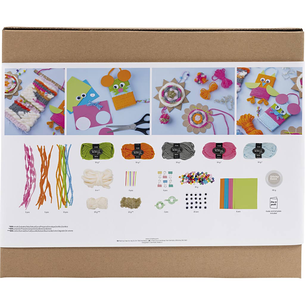 Creativ company ensemble de groupe de tissage, supports muraux, cintres, hiboux, souris, différentes couleurs, 1 boîte