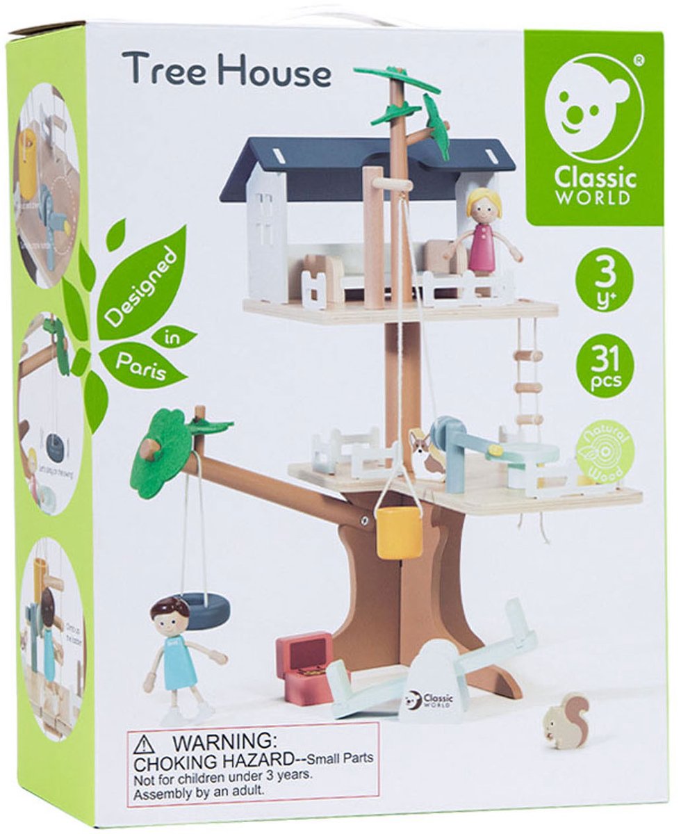 Cabane dans les arbres en bois pour maison de poupée du monde classique - ensemble de jeu 31 pièces.