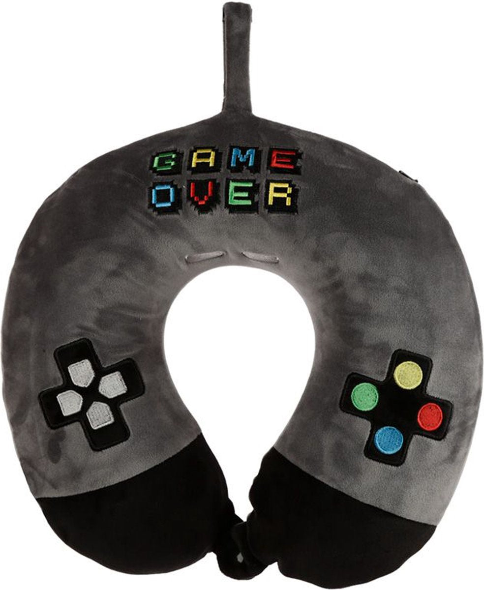 Oreiller cervical Puckator avec boucle de suspension pour enfants - game over - gris - polyester - oreiller de voyage pour les déplacements