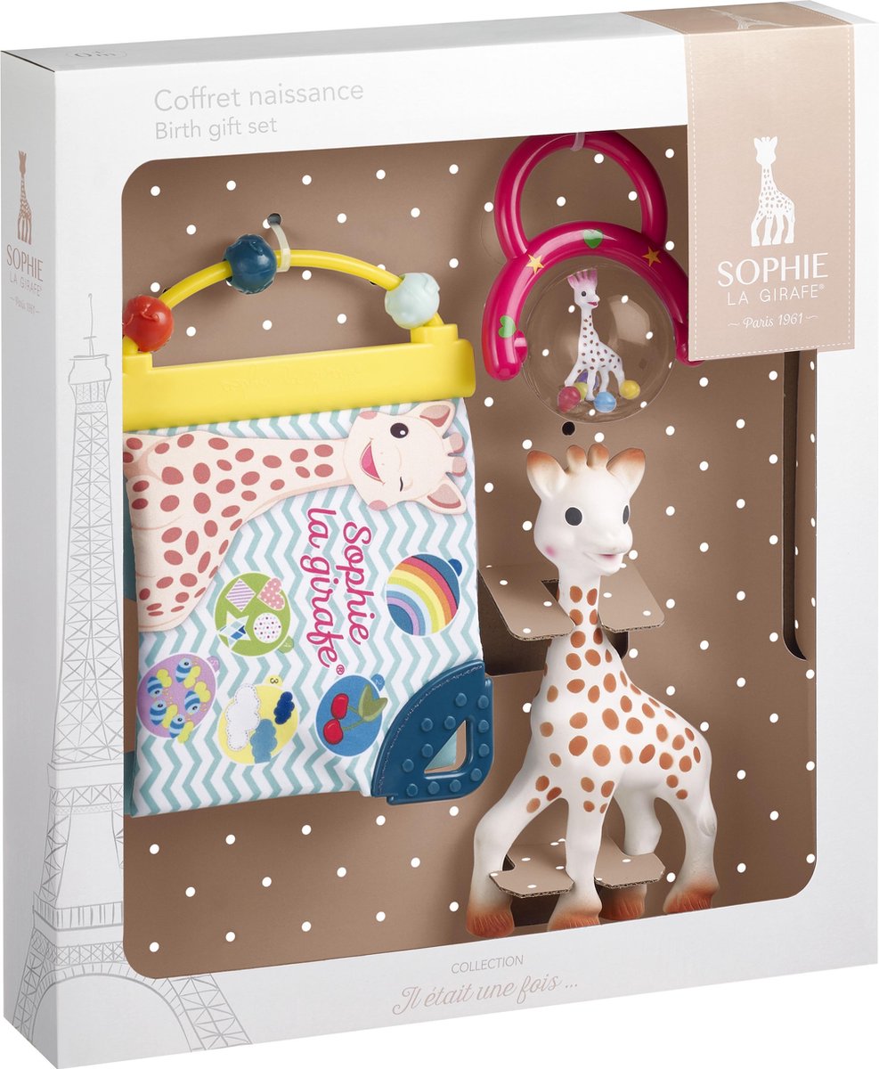 Coffret Sophie la girafe - coffret naissance - cadeau maternité - cadeau baby shower - poupée, hochet livret découverte - dès 0 mois - dans coffret cadeau blanc - 3 pièces