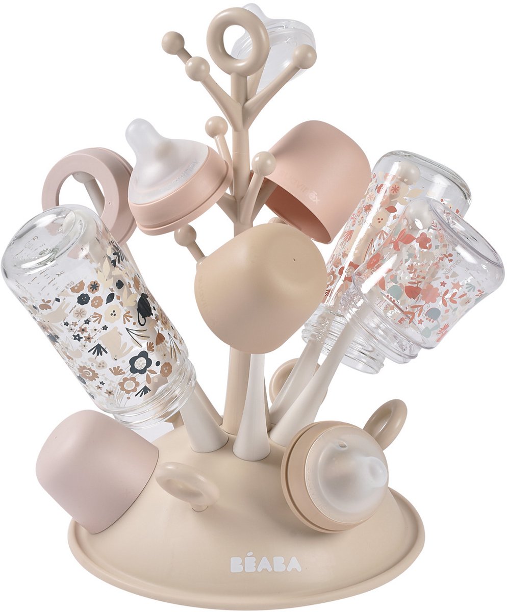 Béaba égouttoir à biberons arbre - égouttoir hygiénique pour biberons avec système de récupération d'eau - casier à biberons pour 6 accessoires pour biberons - argile écru
