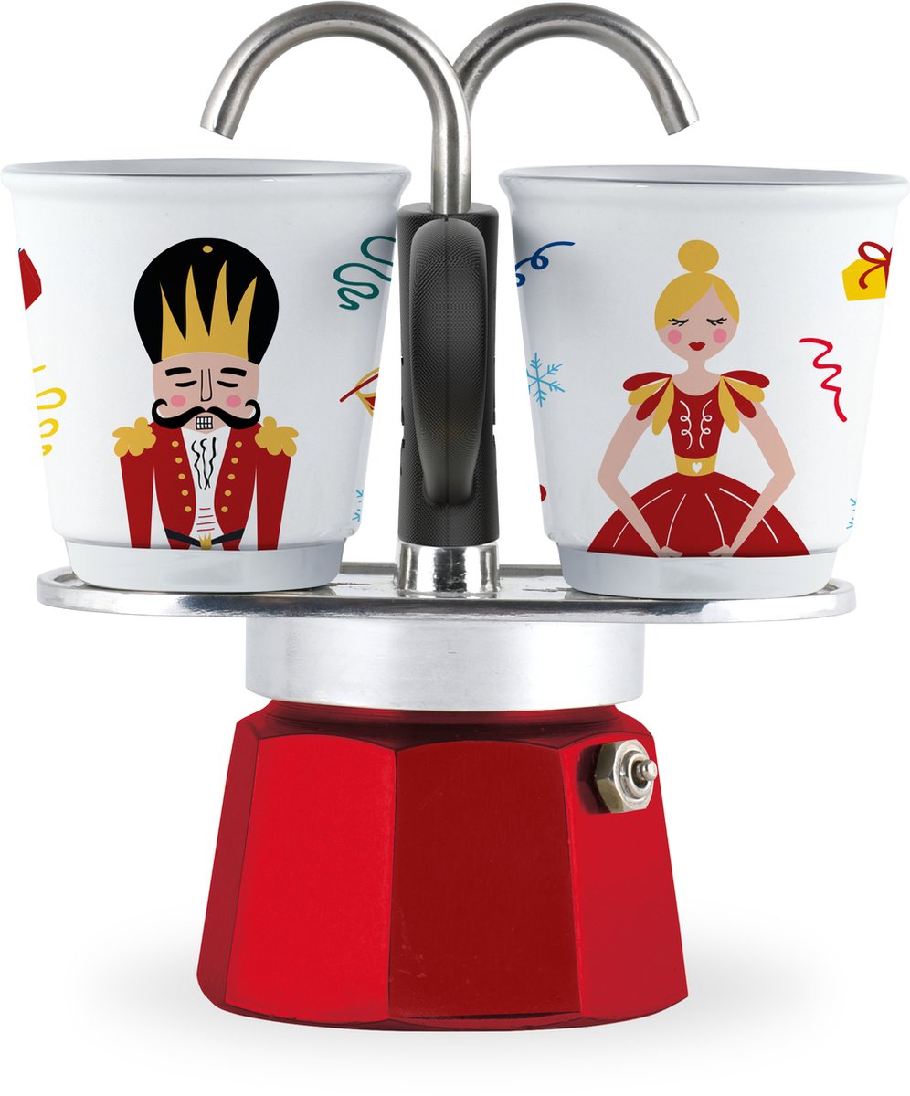 Bialetti mini express casse-noix 2 tasses avec 2 tasses à expresso – édition limitée – percolateur rouge – coffret cadeau expresso