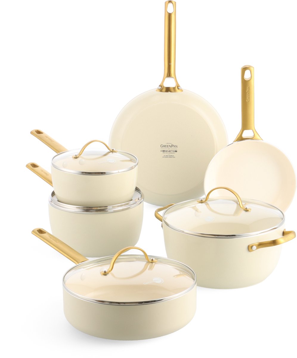 Greenpan padova cream ceramic induction set de 10 pièces - sans PFA - set de casseroles à induction - poêle à induction - poêle à induction - passe au four jusqu'à 200°c - passe au lave-vaisselle - poignées en acier inoxydable - avec couvercles - crème