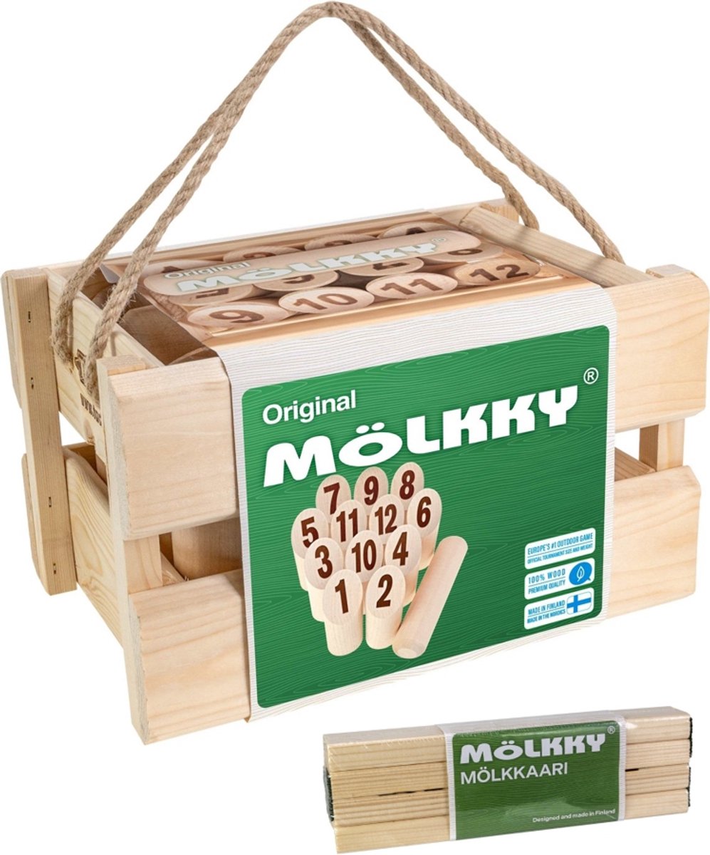 Kit de tournoi Tactic mölkky - jeu d'attraper et de lancer - jeu de lancer en bois finlandais original dans une boîte de transport en bois de luxe - bois de bouleau durable - avec application de notation gratuite - avec arc de lancer mölkkaari