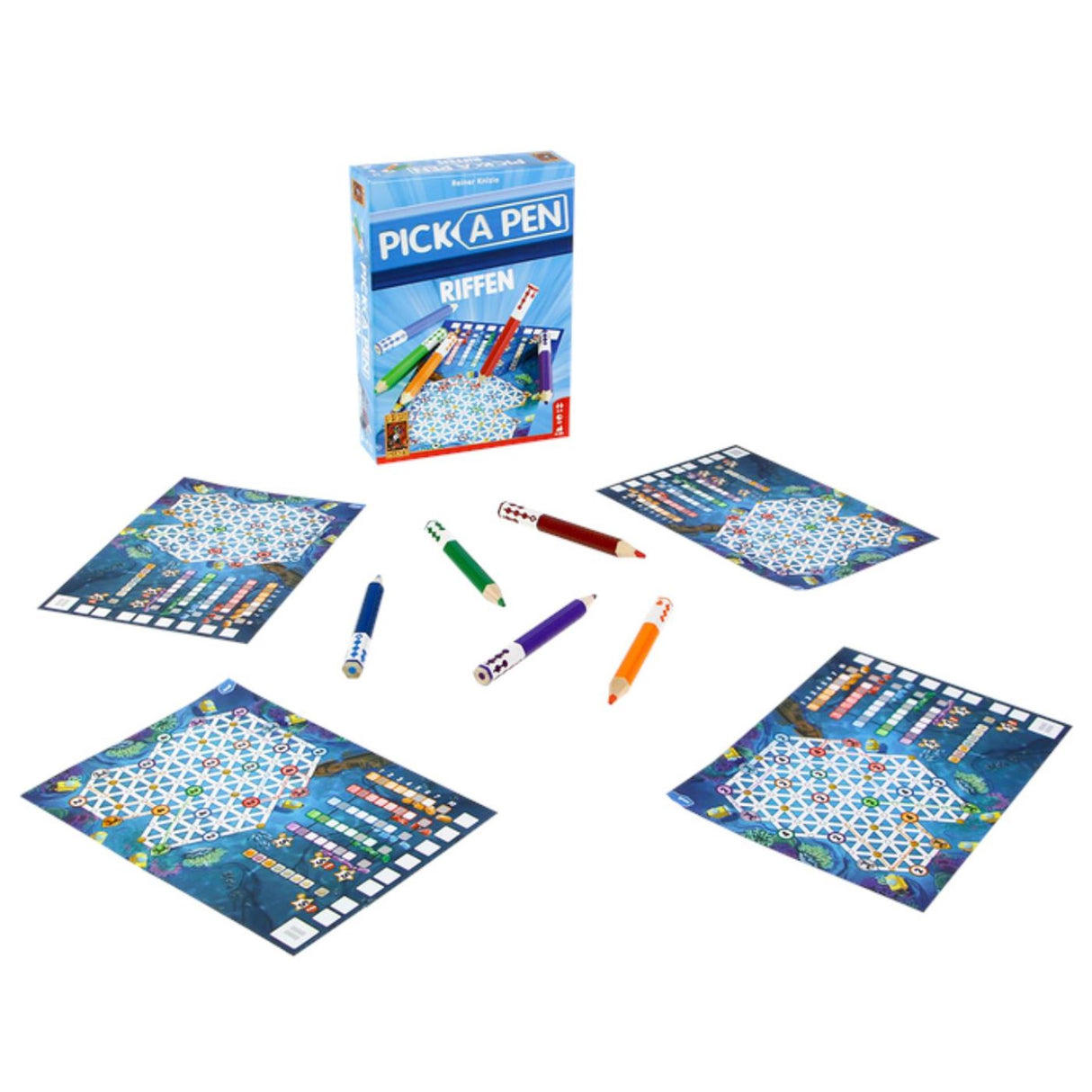 999games 999 jeux - pioche - riffing - jeu de dés - dés avec crayons - feuilles de pointage de 3 niveaux différents - jeu de société - jeu familial - petit cadeau - contient les règles du jeu en NL et EN