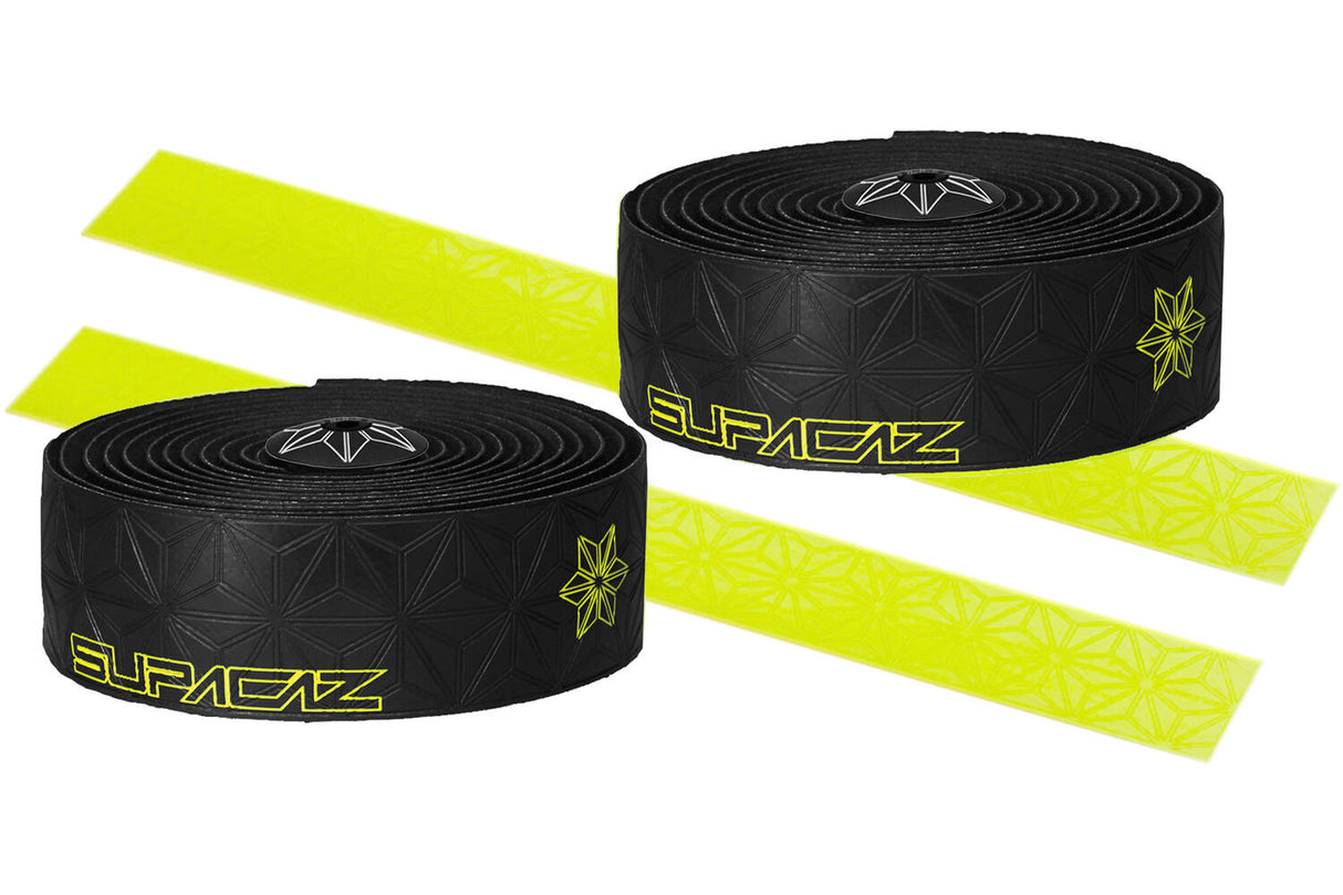Guidon Supacaz Super sticky kush galaxy noir celeste jaune avec bouchon de guidon en aluminium