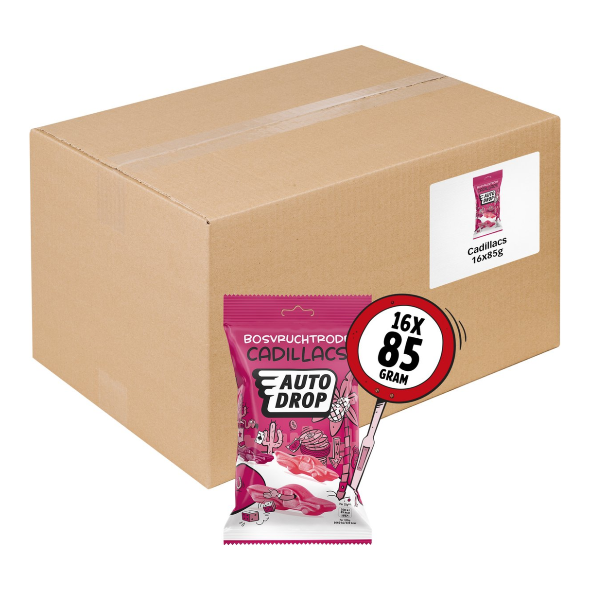 Autodrop - bonbons - célèbres Cadillac rouges aux fruits des bois - 16 sacs - 85 grammes