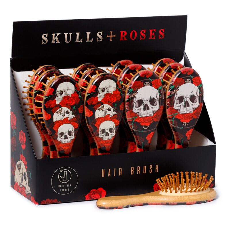 Brosse à cheveux 100% bambou tête de mort roses