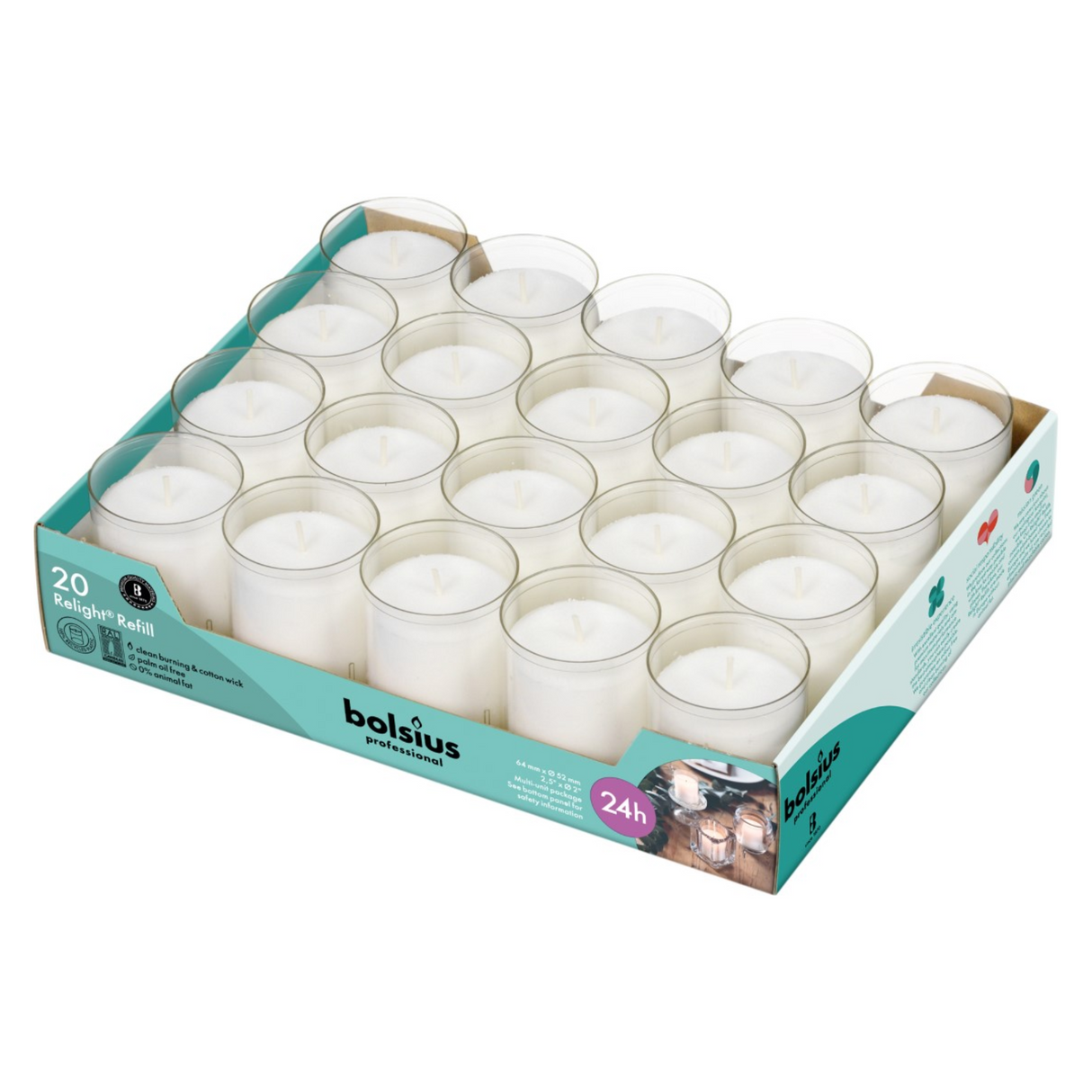 Recharge bougeoir Bolsius transparent ø52x64 mm 24 heures (20 pièces)