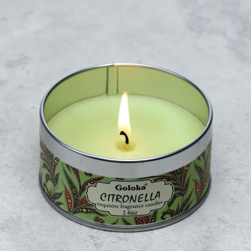 Bougie parfumée à la cire de paraffine Goloka citronnelle dans une boîte métallique