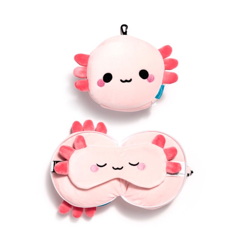 Relaxeazzz Adoramals Maddie l'oreiller de voyage axolotl masque de sommeil