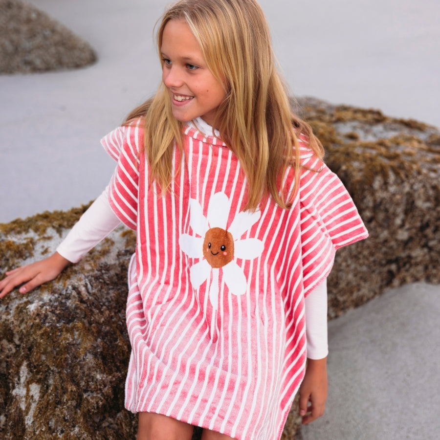 Fleur de marguerite | poncho de plage en coton blanc rouge 65 x 65 cm