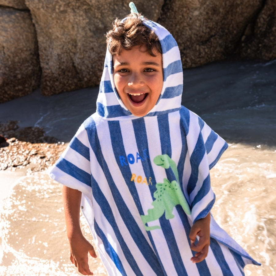 Dinosaure | poncho de plage en coton bleu 65 x 65 cm