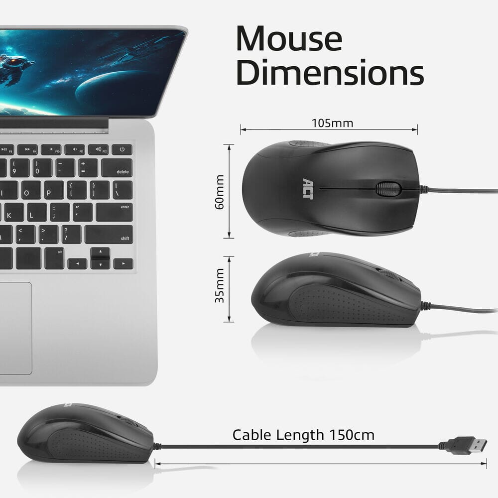 Souris optique filaire pleine grandeur Act 1000 dpi, clic silencieux