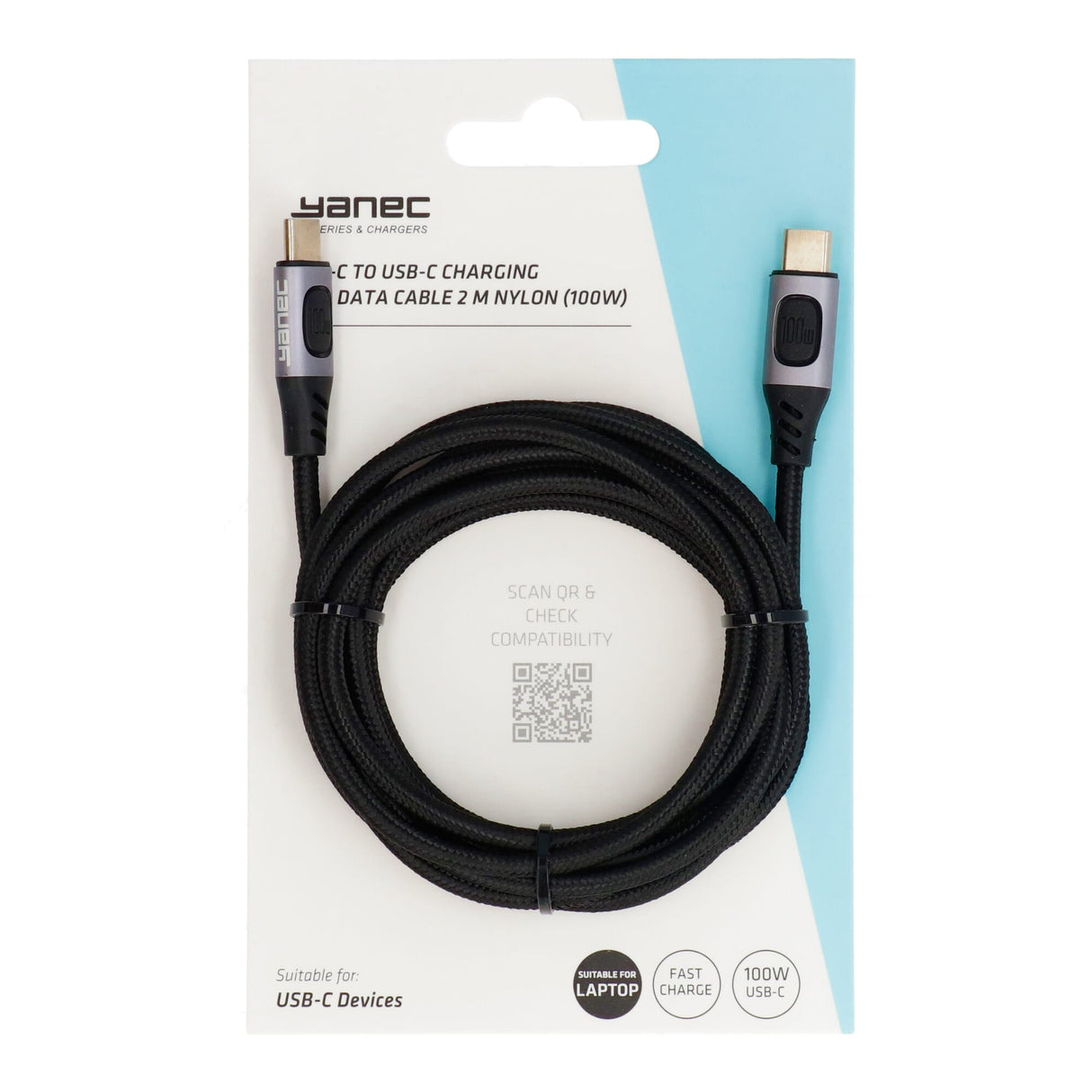 Câble de chargement et de données Yanec USB-C vers USB-C 2m nylon (100w)
