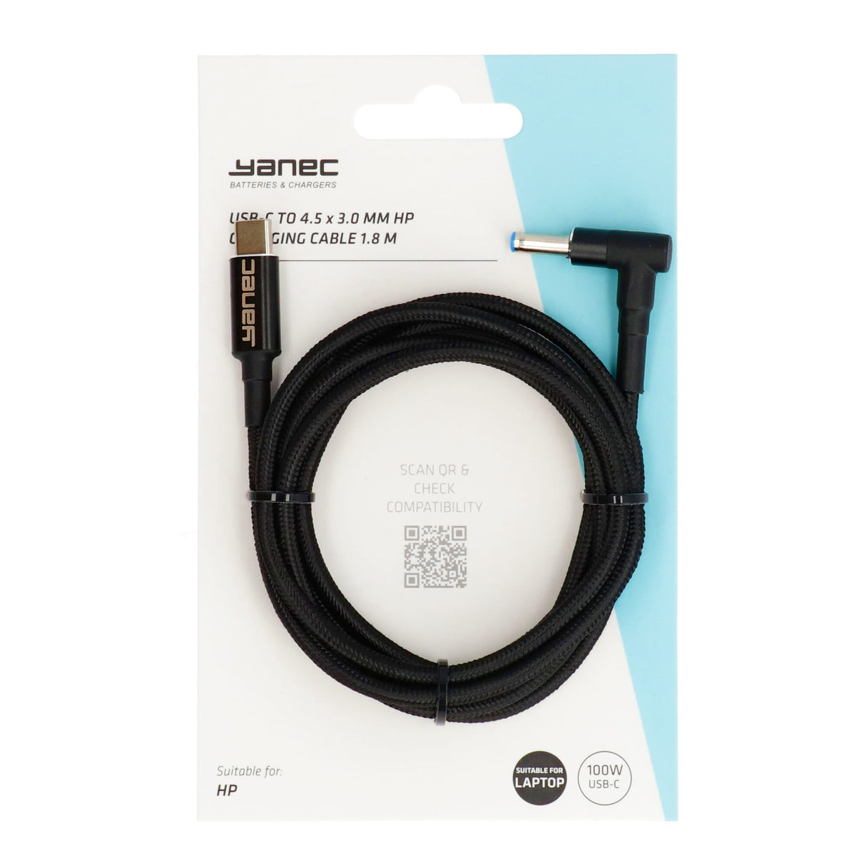 Câble de chargement Yanec USB-C vers 4,5 x 3,0 mm HP 1,8 m