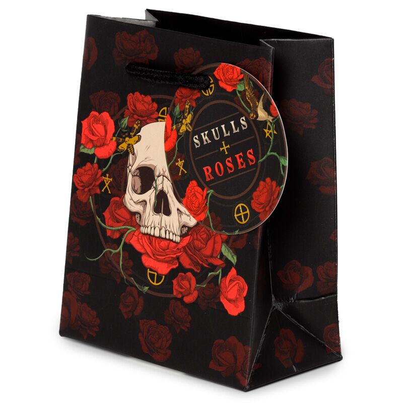 Crâne et roses roses rouges - petit sac cadeau