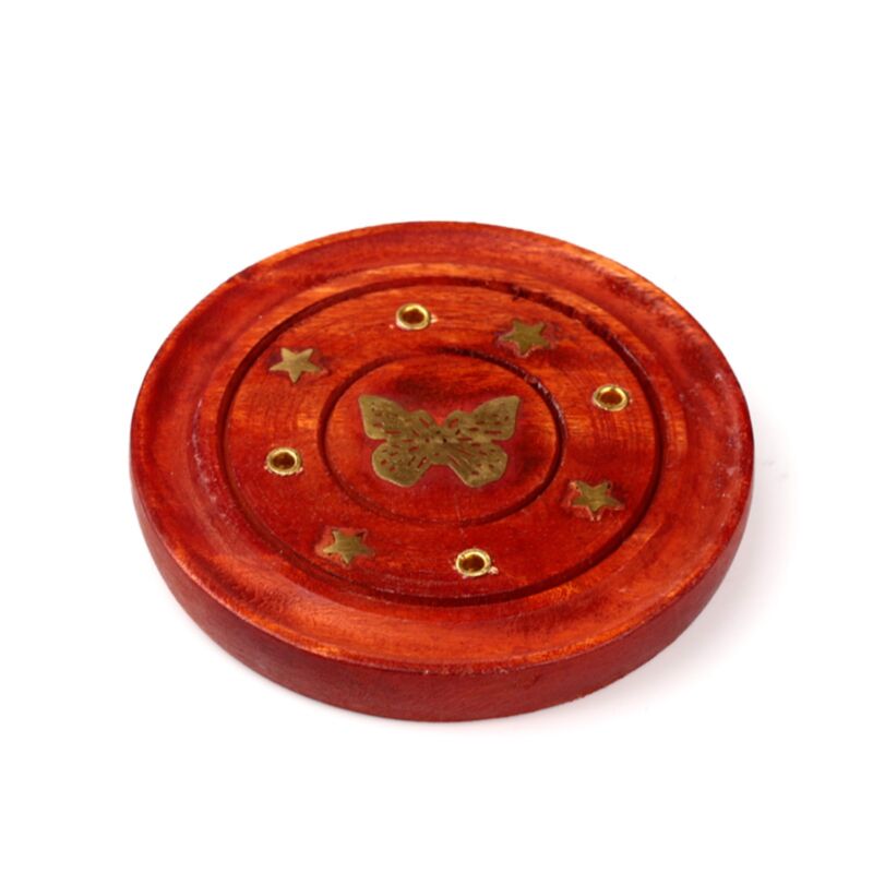 Porte encens rond en bois de manguier incrustation papillon
