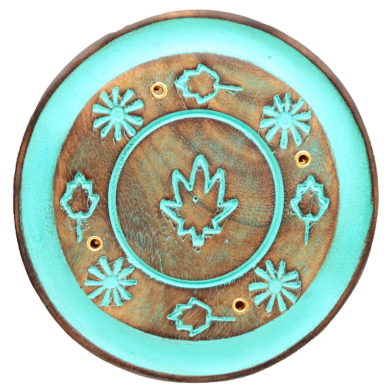 Porte-encens rond en bois de manguier feuille verte