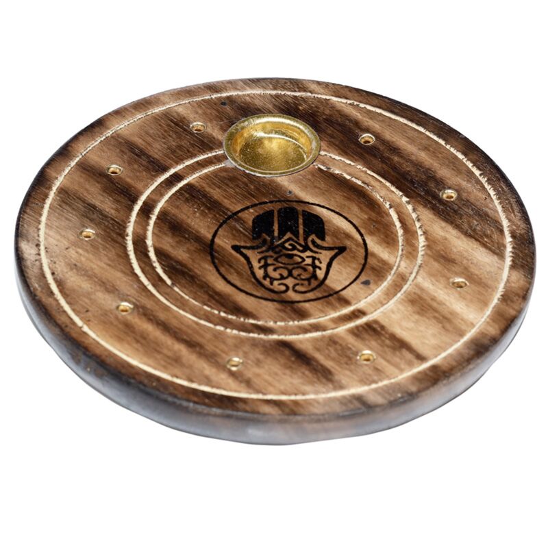 Porte-encens rond hamsa en bois de manguier