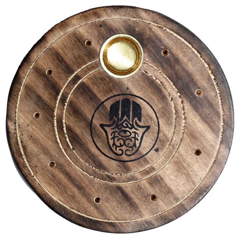 Porte-encens rond hamsa en bois de manguier