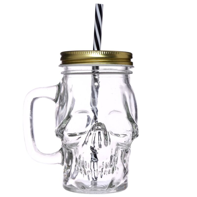 Gobelet en verre pour pot Mason en forme de crâne avec paille et couvercle