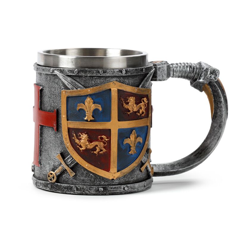 Chope à bière décorative avec armoiries de chevalier médiéval, couleur argent et or