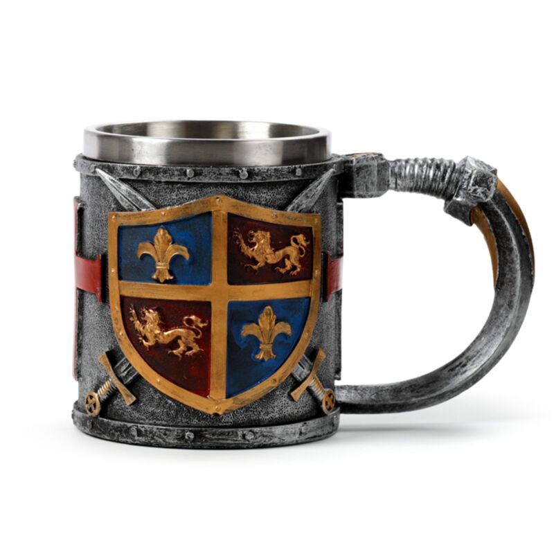 Chope à bière décorative avec armoiries de chevalier médiéval, couleur argent et or
