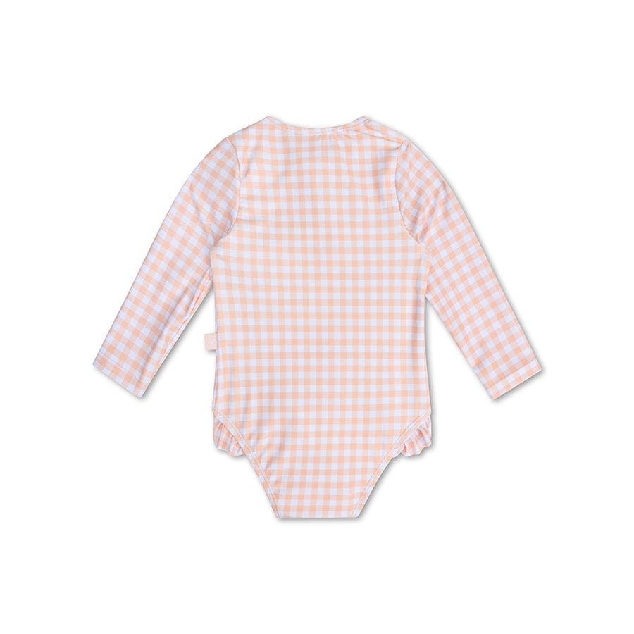 Grille du coucher du soleil | Maillot de bain anti-UV fille orange blanc à manches longues