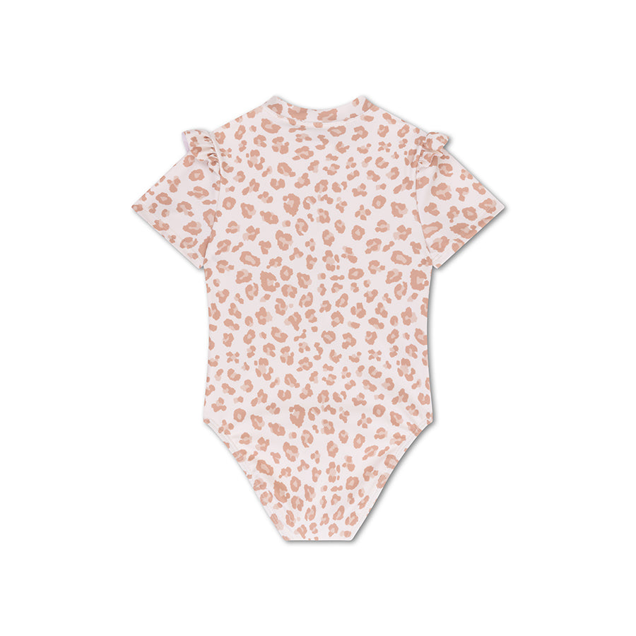 Léopard | Maillot de bain anti-UV fille beige à manches courtes