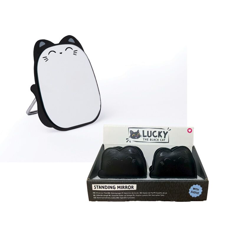 Lucky le chat noir mini miroir de poche debout