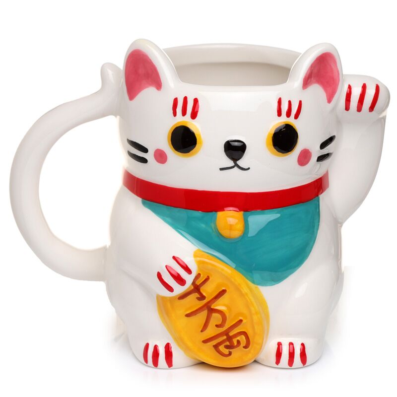 Mug en céramique en forme de chat porte-bonheur Maneki Neko blanc