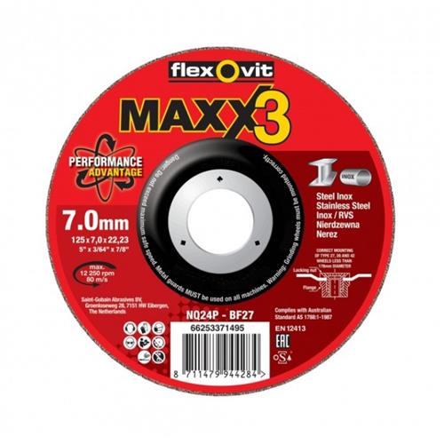 Flexovit abs maxx 3 acier inoxydable 125x7x22,23 nq24p t27 | 10 pièces