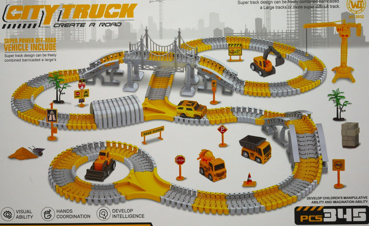 Piste de voiture de camion de ville Jonotoys avec de nombreuses pièces de piste et accessoires et 3 voitures