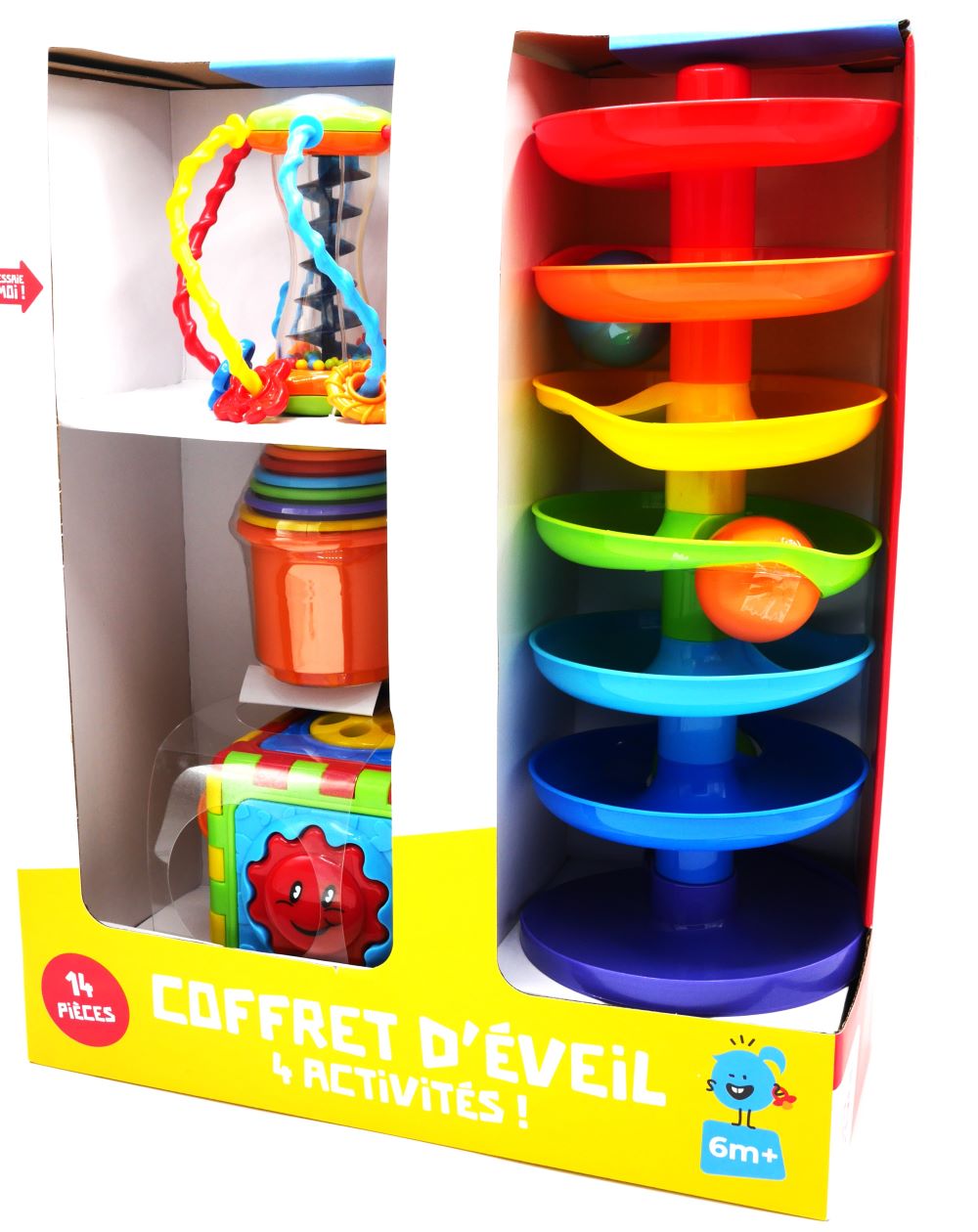 Coffret cadeau pour bébé 4 pièces comprenant une tour à billes, des gobelets empilables, un cadre en perles et un cube de jeu.