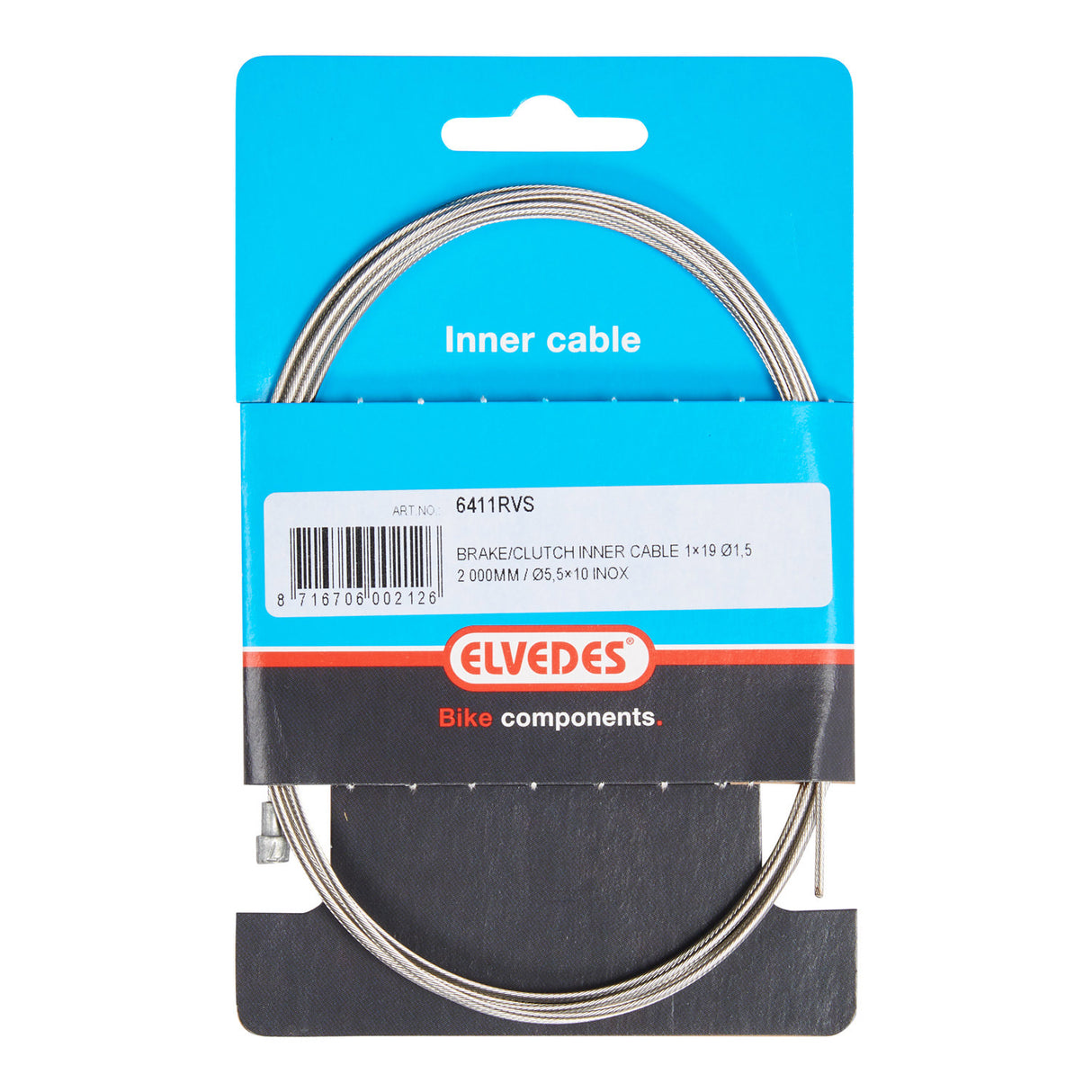 Elvedes câble intérieur de frein 2 000 mm 1×19 filetage acier inoxydable ø1,5mm avec raccord en V ø5,5 × 10